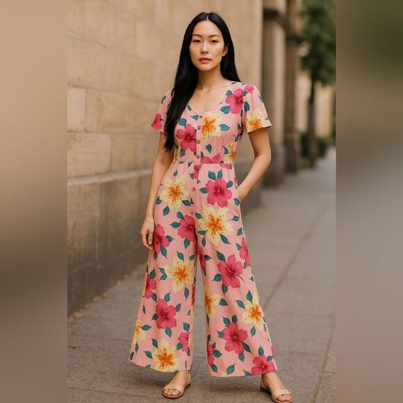 Sandro Jumpsuit, Tropical Hibiscus Floral Button Front Tie Back Wide Leg | 12 - Picture 1 of 12